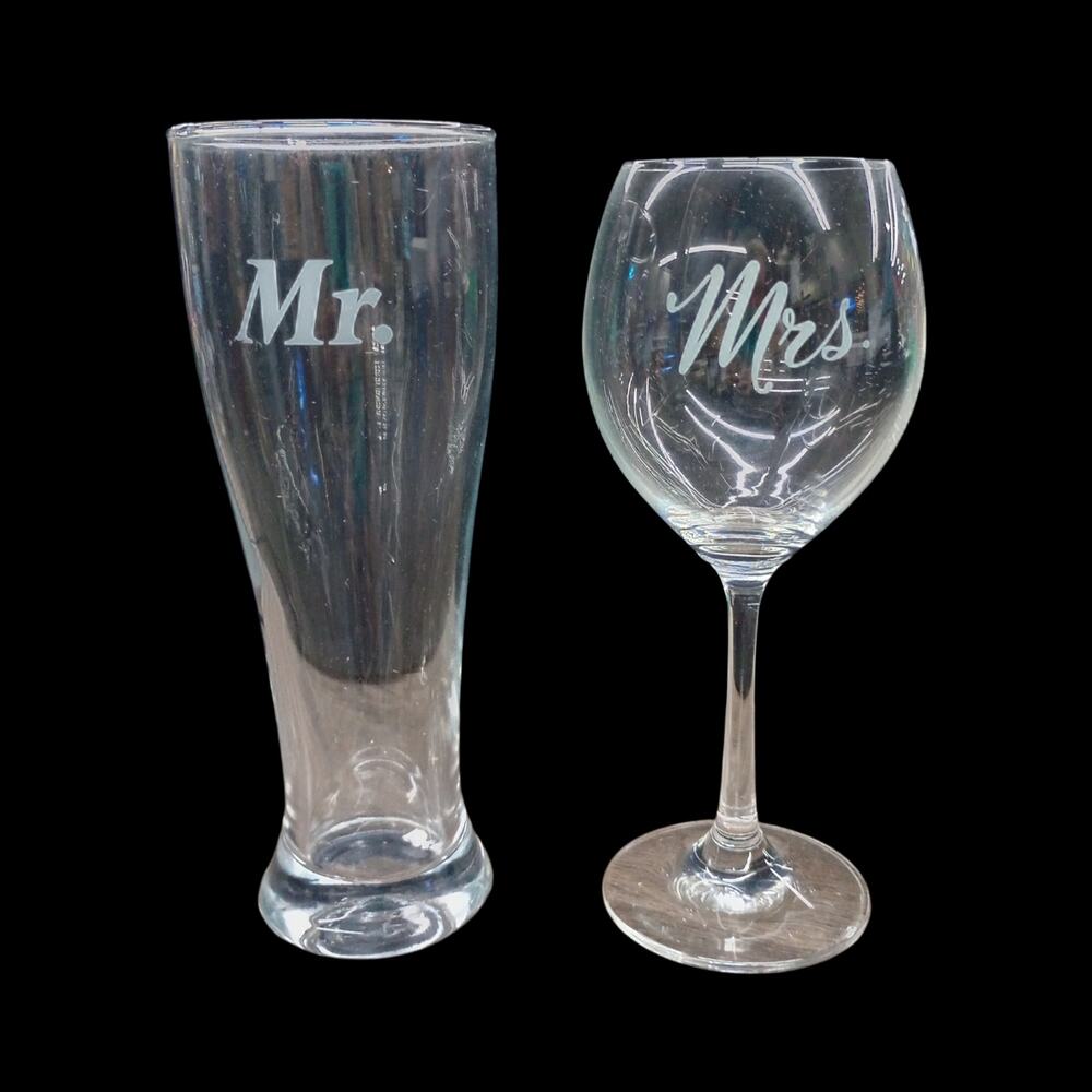 Mr. and Mrs. Glasses / Mr. 12-ounce Pilsner Glass, Mrs. 10-ounce Wine Glass NIB